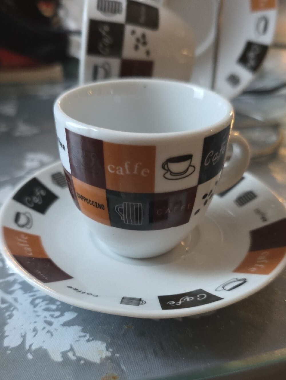 Café Pattern Espresso Mini Cup And Saucer Set with Holder